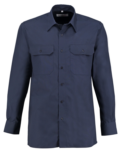 Zu sehen ist das geradlinig geschnittene marine farbene langarm Diensthemd aus 100% Baumwolle.